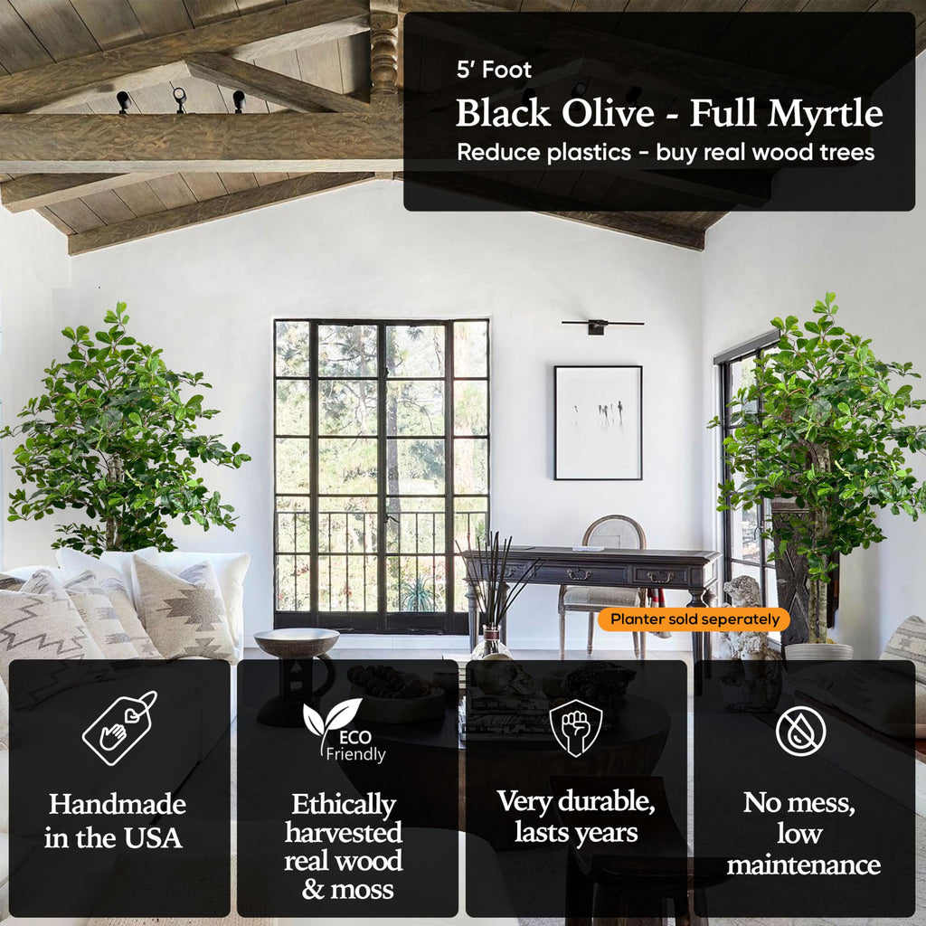 Handmade 5ft Italian Black Olive Artificial Tree with Ethically Sourced Real Wood Trunks, Hypoallergenic, 5-Foot