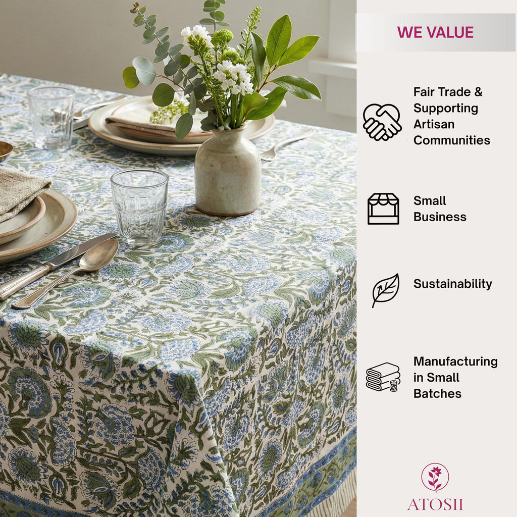 Cotton Blockprint Rectangle Table Cloth, Clover Blue, 108" X 60"