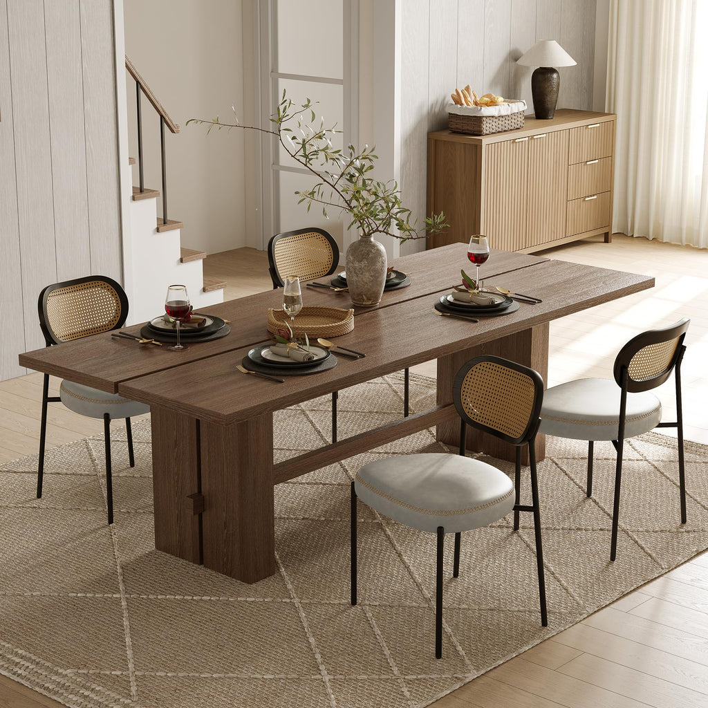 Rattan Dining Chairs Set of 6, Beige Leather Upholstered Dining Chairs with Rattan Cane Back, Mid Century Modern