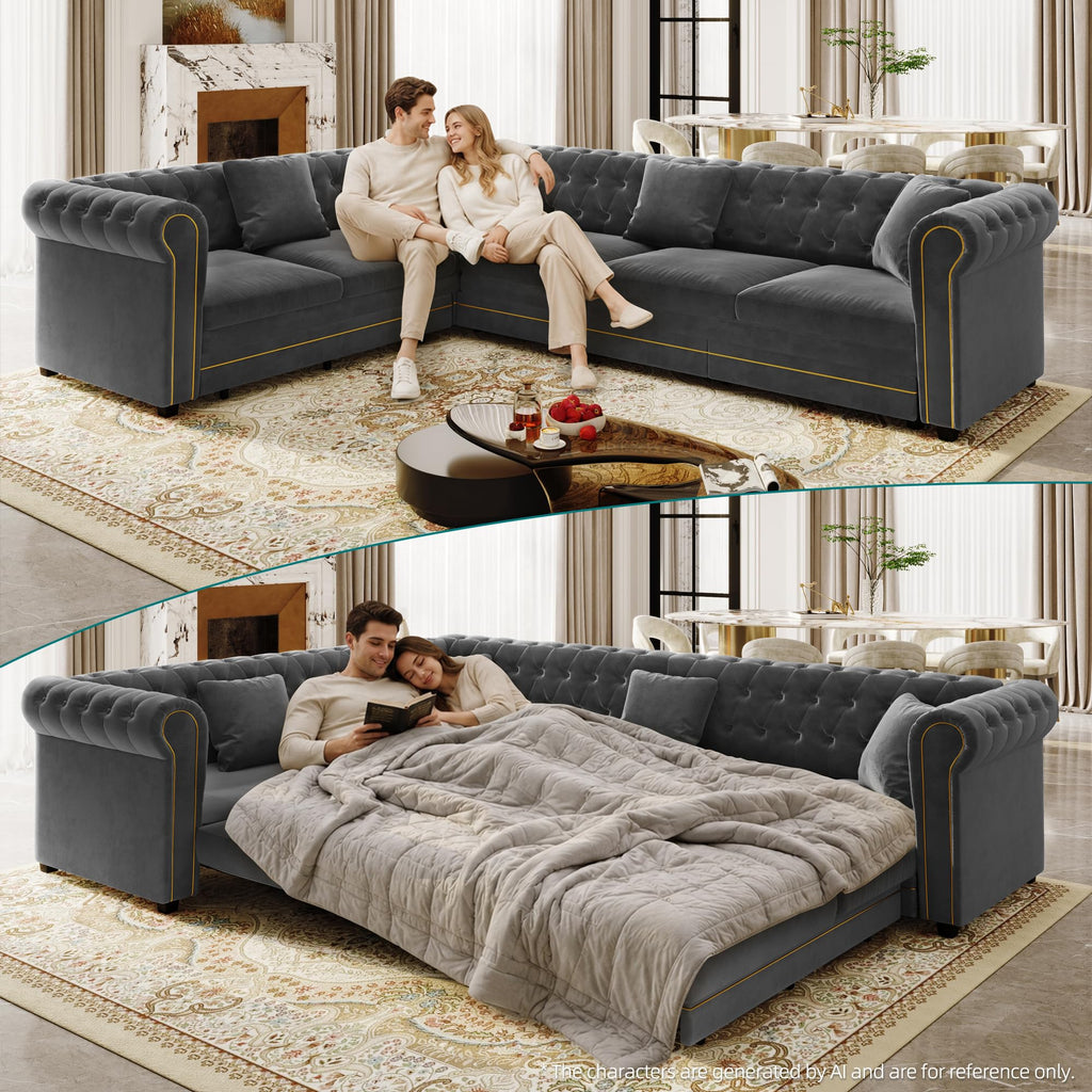 115.3" Sectional Sleeper Sofa with Pull Out Bed, Oversized Comfy Button-Tufted Velvet L Shaped Convertible Sleeper