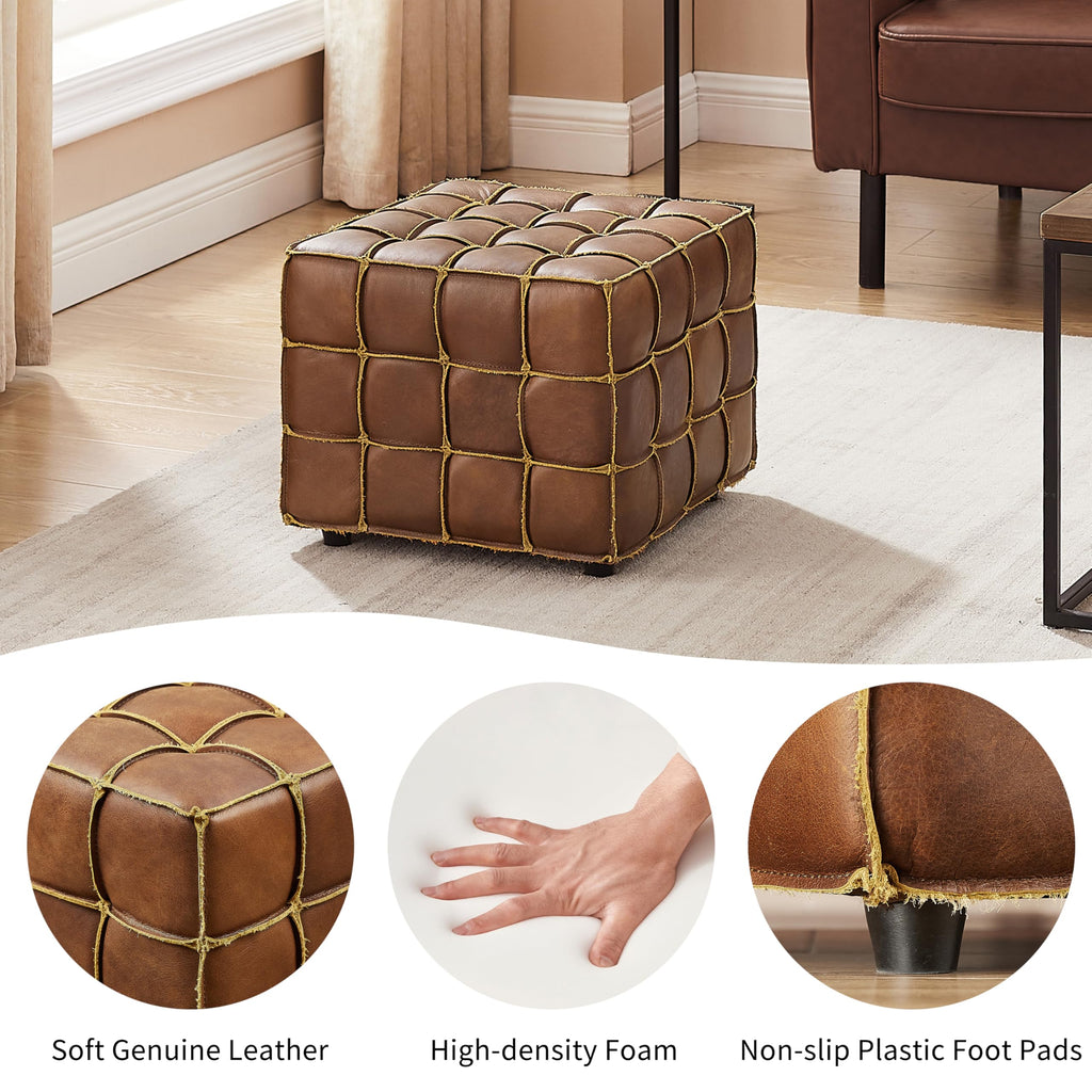 Tufted Square Ottoman Leather Footstool Modern Foot Rest Cognac