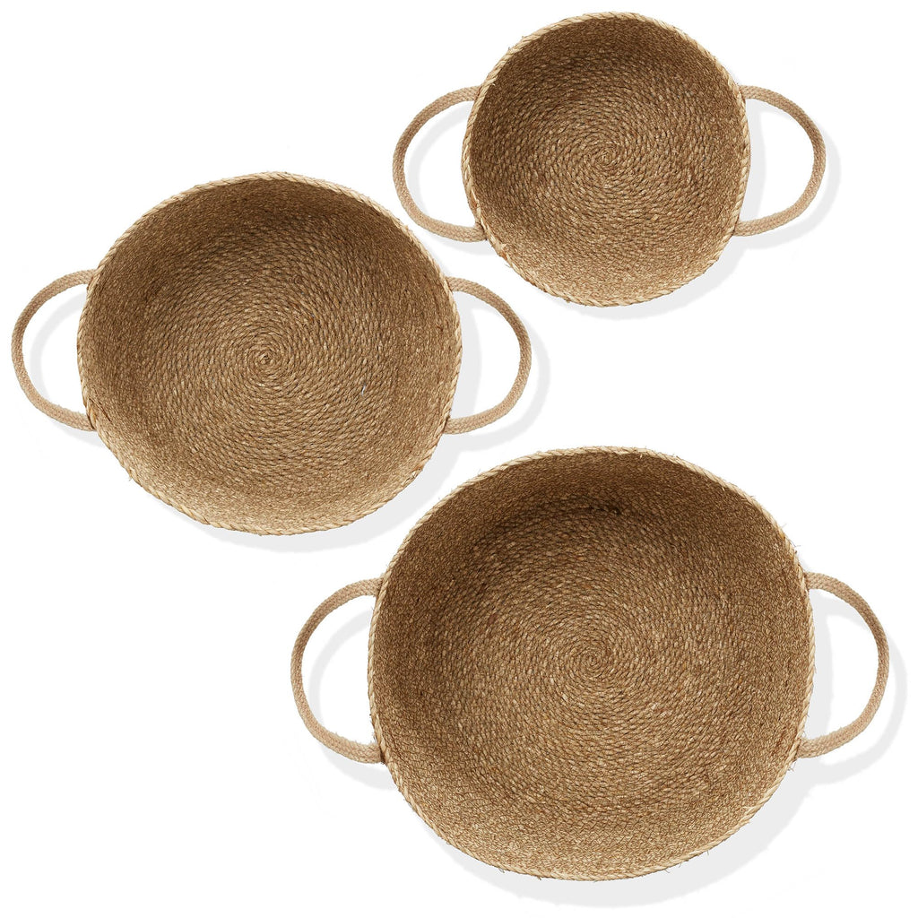 Set of 3 Braided Seagrass Baskets with Jute Handles - Natural, Woven Storage Basket Planters, Boho Decor