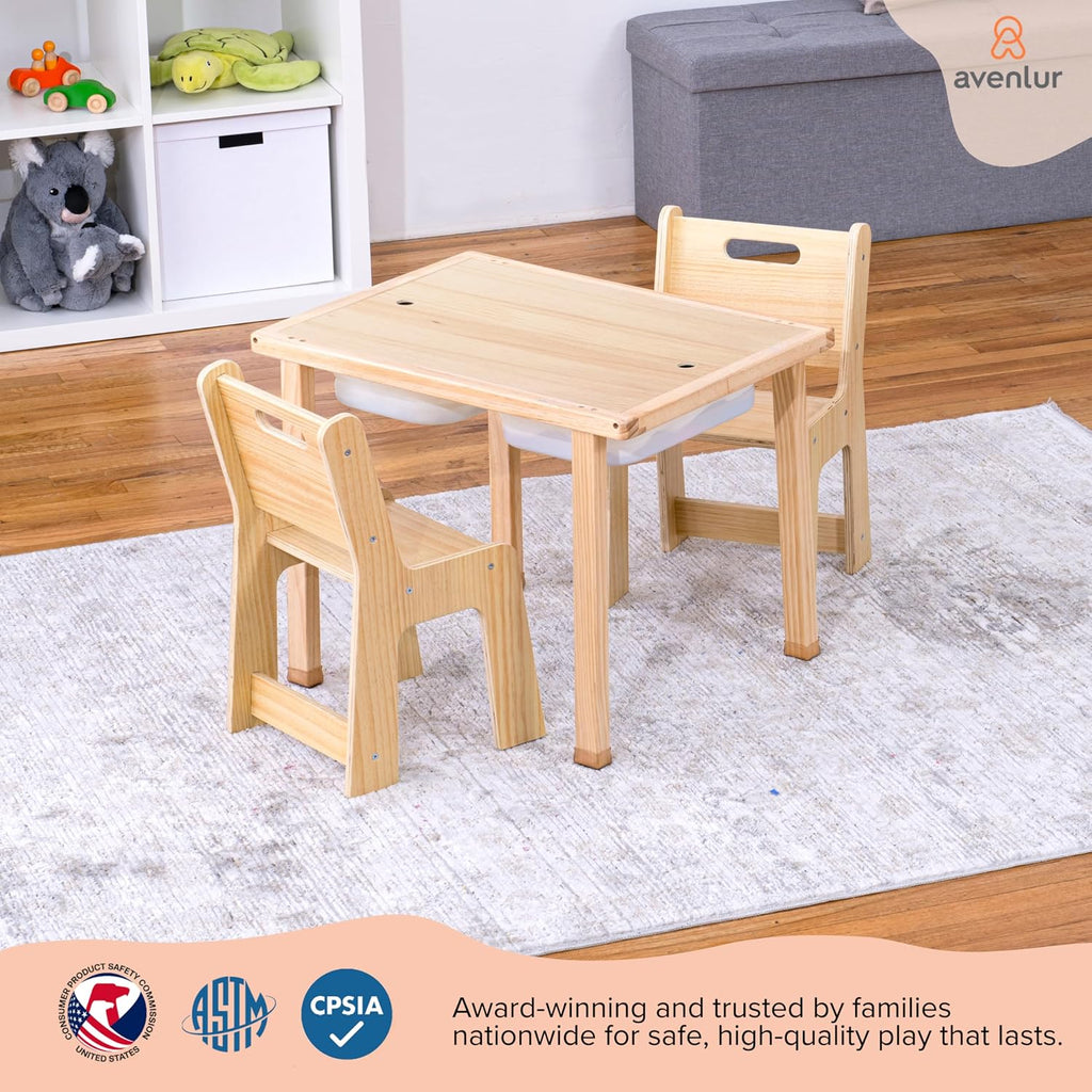 Cordia Kids Table and Chair Set - Montessori-Inspired Kids Workbench - with Two Chairs, Two Collapsible Bucket