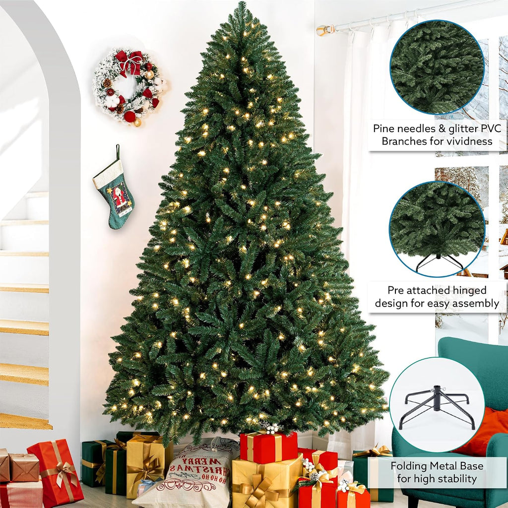 Prague 7.5ft Prelit Artificial Christmas Tree with Foot Pedal, 1717 Branch Tips, 550 Warm Lights and Metal Stand, 56"