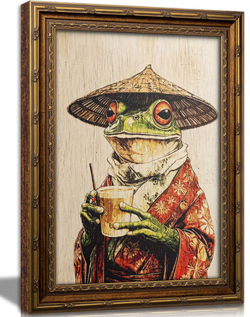 Vintage Gold Framed Funny Japanese‐Style Ukiyo‐e Frog Canvas Wall Art