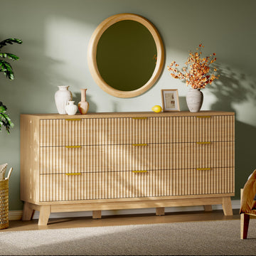 Fluted Dresser with 9 Drawers, 63" Wide Modern Chest of Drawers with Metal Handle, Wooden Dresser TV Stand, Wood
