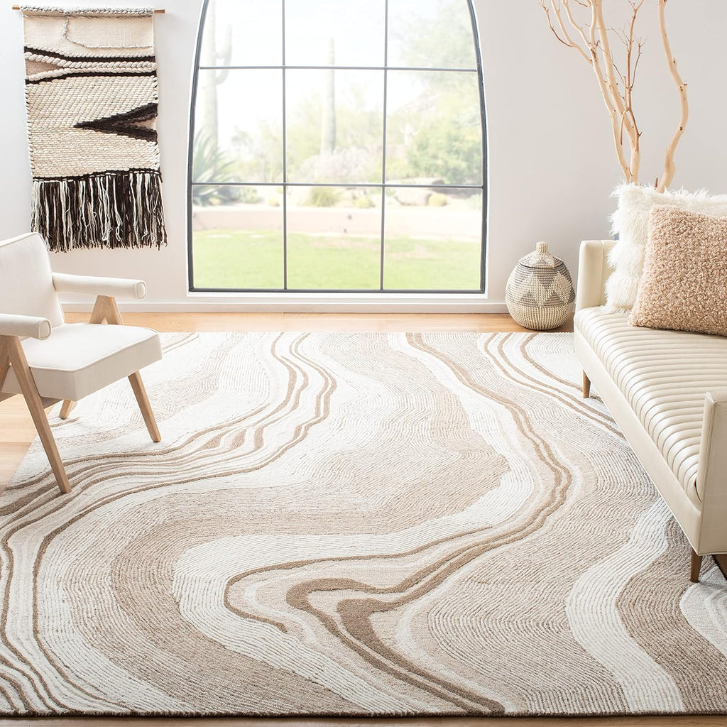 Fifth Avenue Area Rug - 9' x 12', Beige & Ivory, Handmade Mid-Century Modern Abstract New Zealand Wool