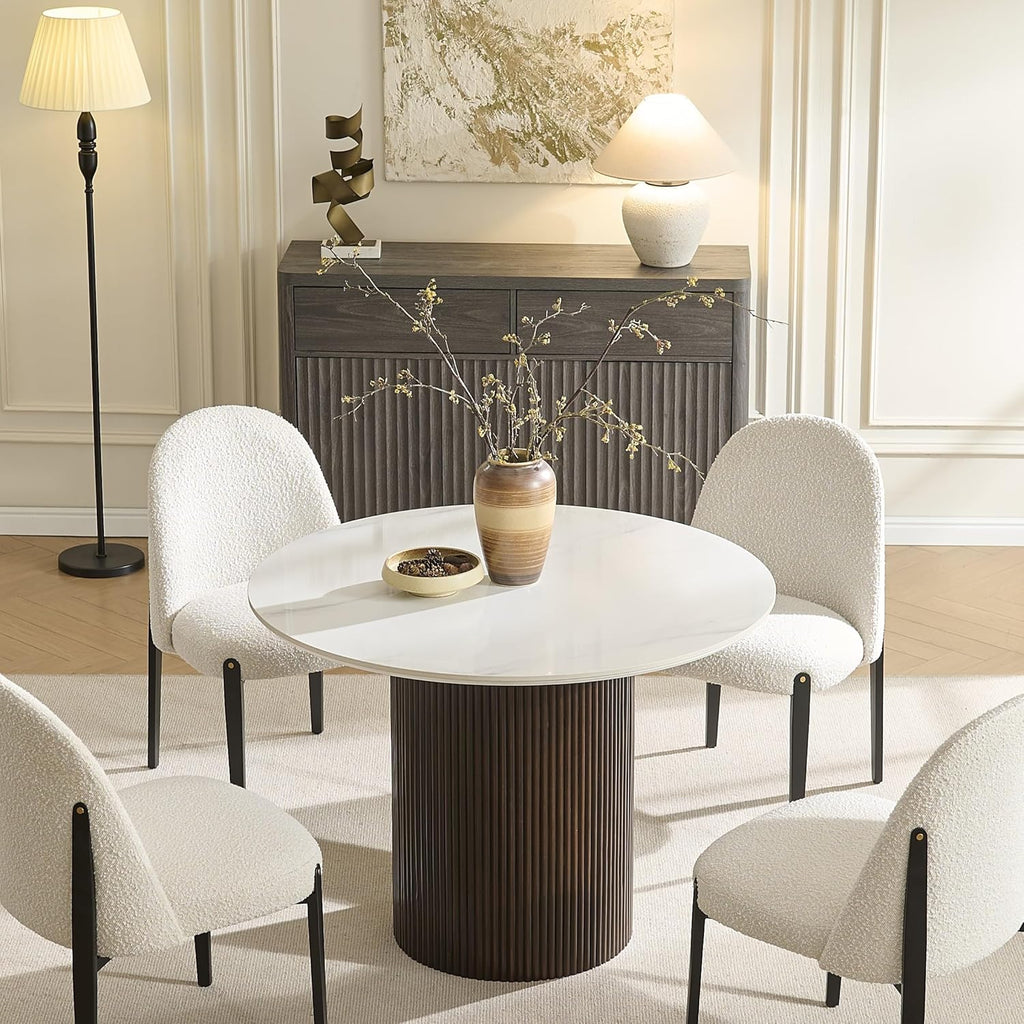 42 Inch Round Dining Table for 4, Modern Marble Dining Table with Fluted Solid Wood Base for Kitchen, Dining Room and