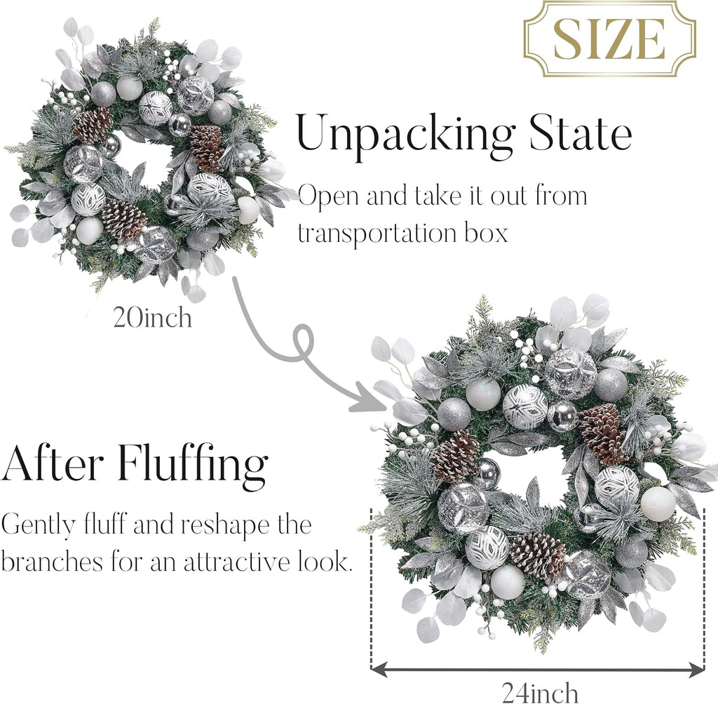 24'' Pre-Lit Christmas Wreath for Front Door with Light, Large Lighted Outdoor Christmas Wreath with Silvery White
