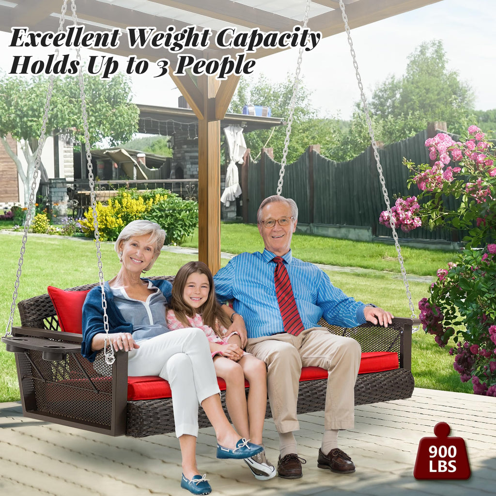 3 Seat Hanging Porch Swing with Cup Holder, Wicker Patio Swing Chair