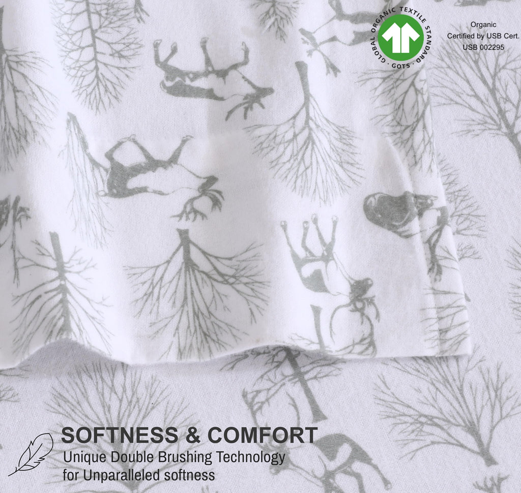 100% Organic Cotton Flannel Sheets Full Size Bed Set, Reindeer Rush