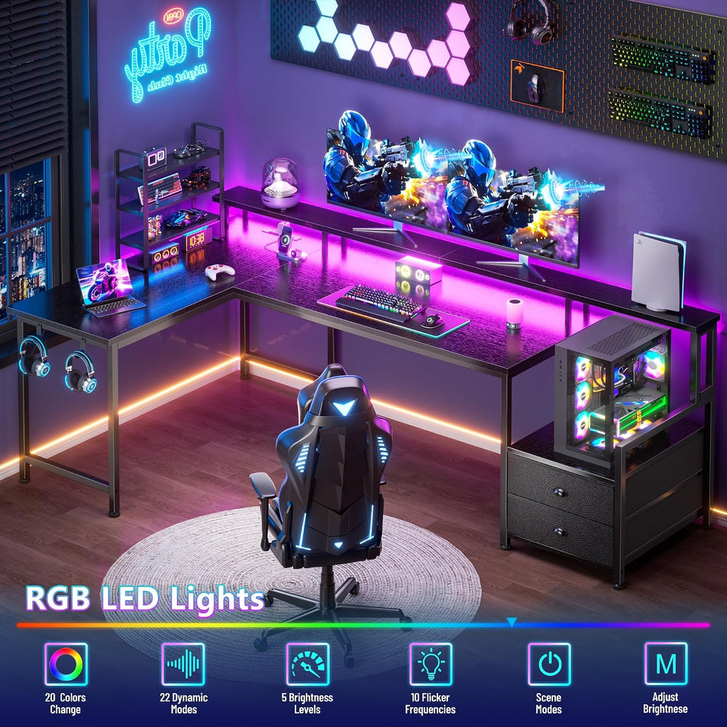 66'' L Shaped Gaming Desk with Storage Drawers, Power Outlets, LED | Large Reversible Computer Desk for Multiple
