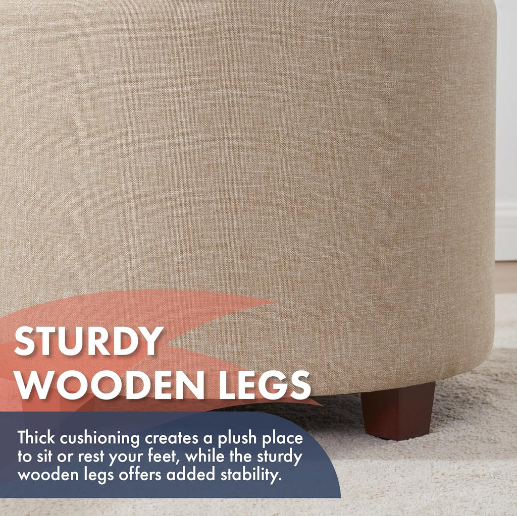 18" Round Storage Ottoman with Lid, Holds 300 lbs, Beige | Linen Tufted Fabric; Foot Rest Stool & Vanity Chair