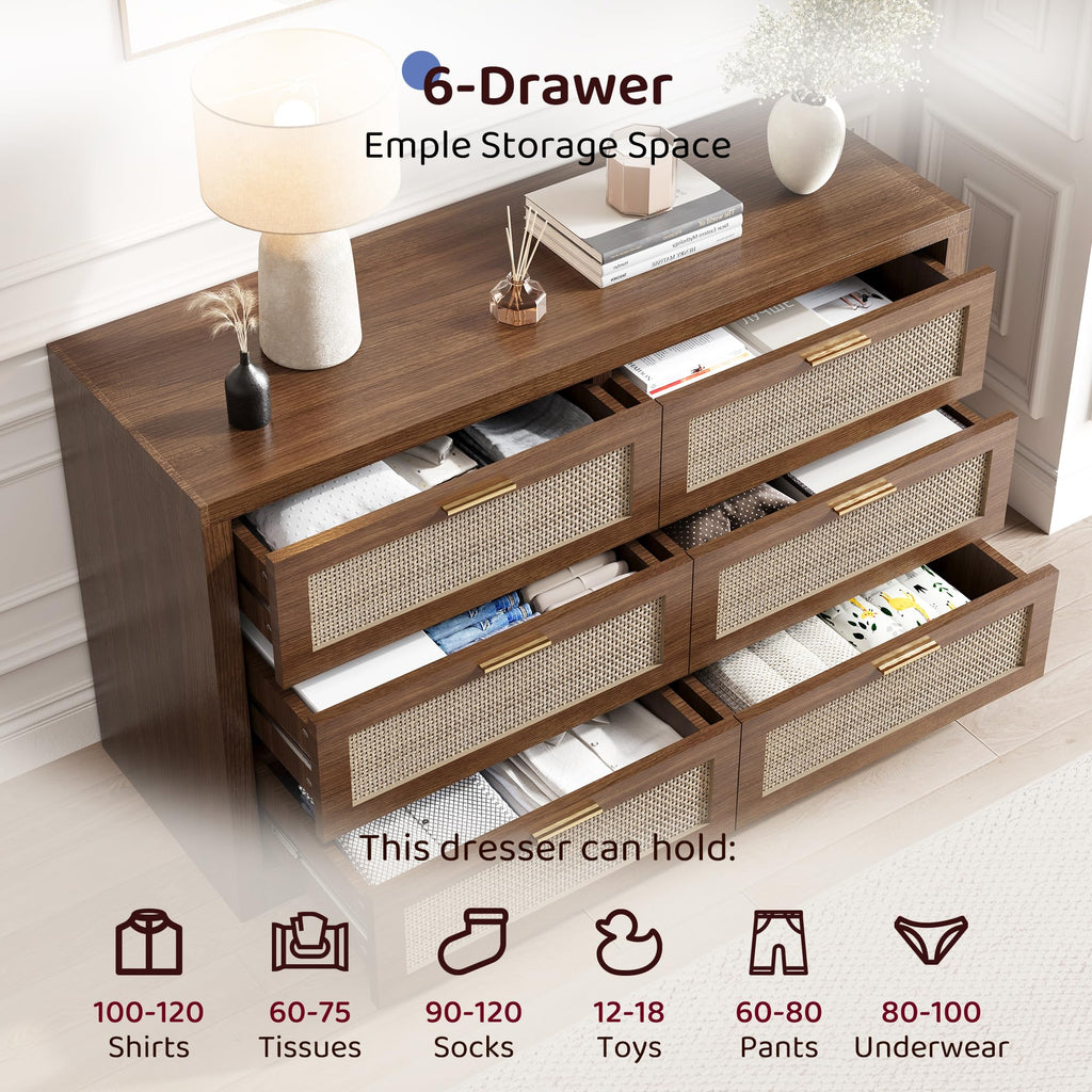 6 Drawer Rattan Dresser, Boho 47.2" Wide Wooden Chest of Drawers, Dresser TV Stand with Metal Handle, Large Storage