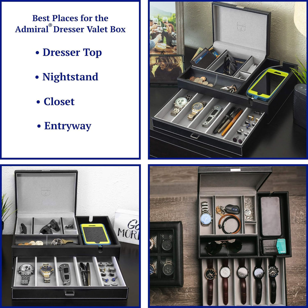 Admiral Dresser Valet Box & Mens Jewelry Box Organizer with Large Smartphone Charging Station (Grey)