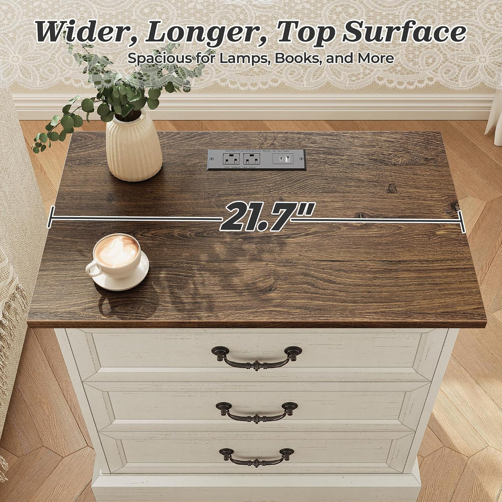 Nightstand with Charging Station, 3 Drawer Night Stand Set of 2, 22 Inch Wider Side Table with Storage, Farmhouse