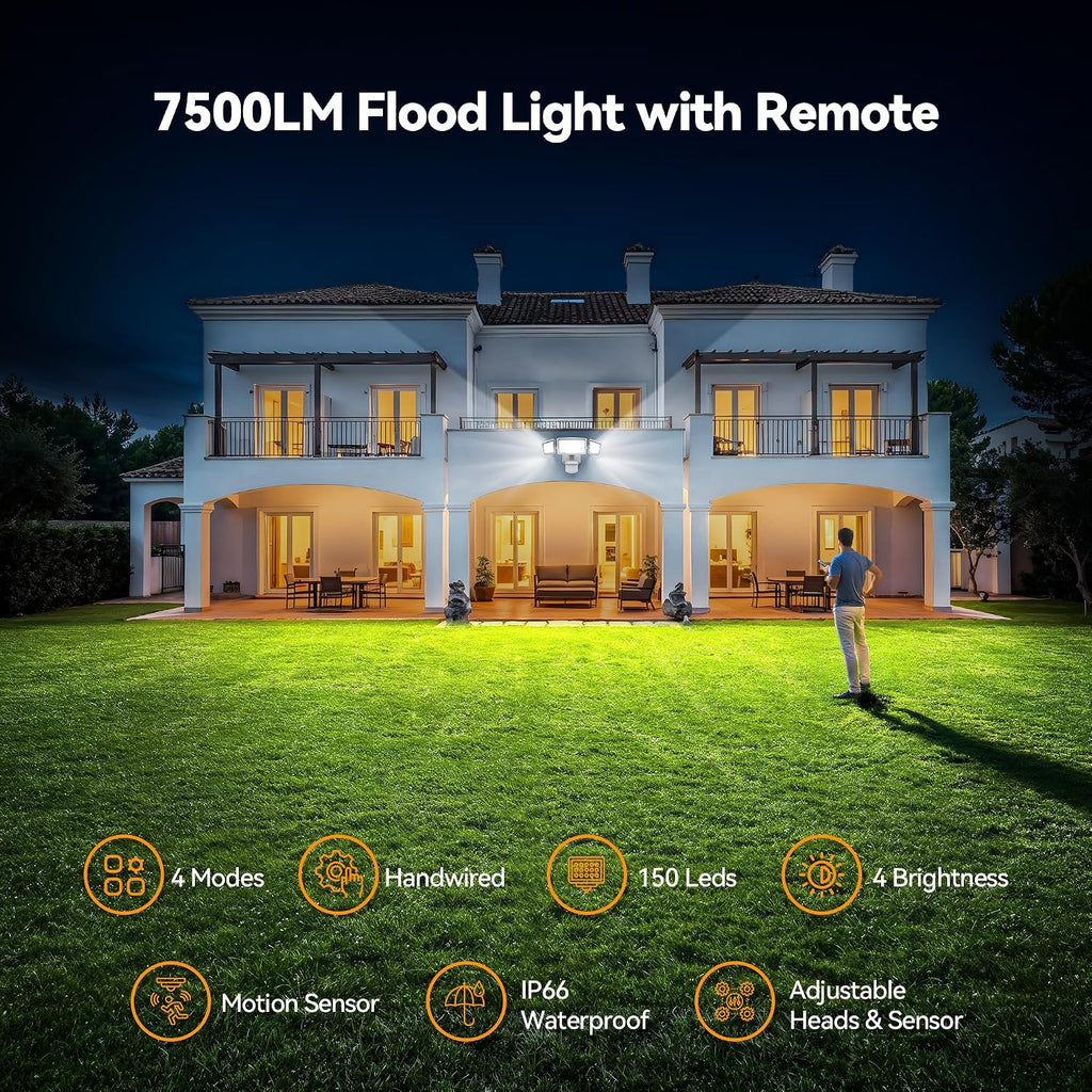 7500LM Motion Sensor Outdoor Lights, 150-LED 3-Head Security Light with Remote Control, 300°Wide Angle Flood Wall