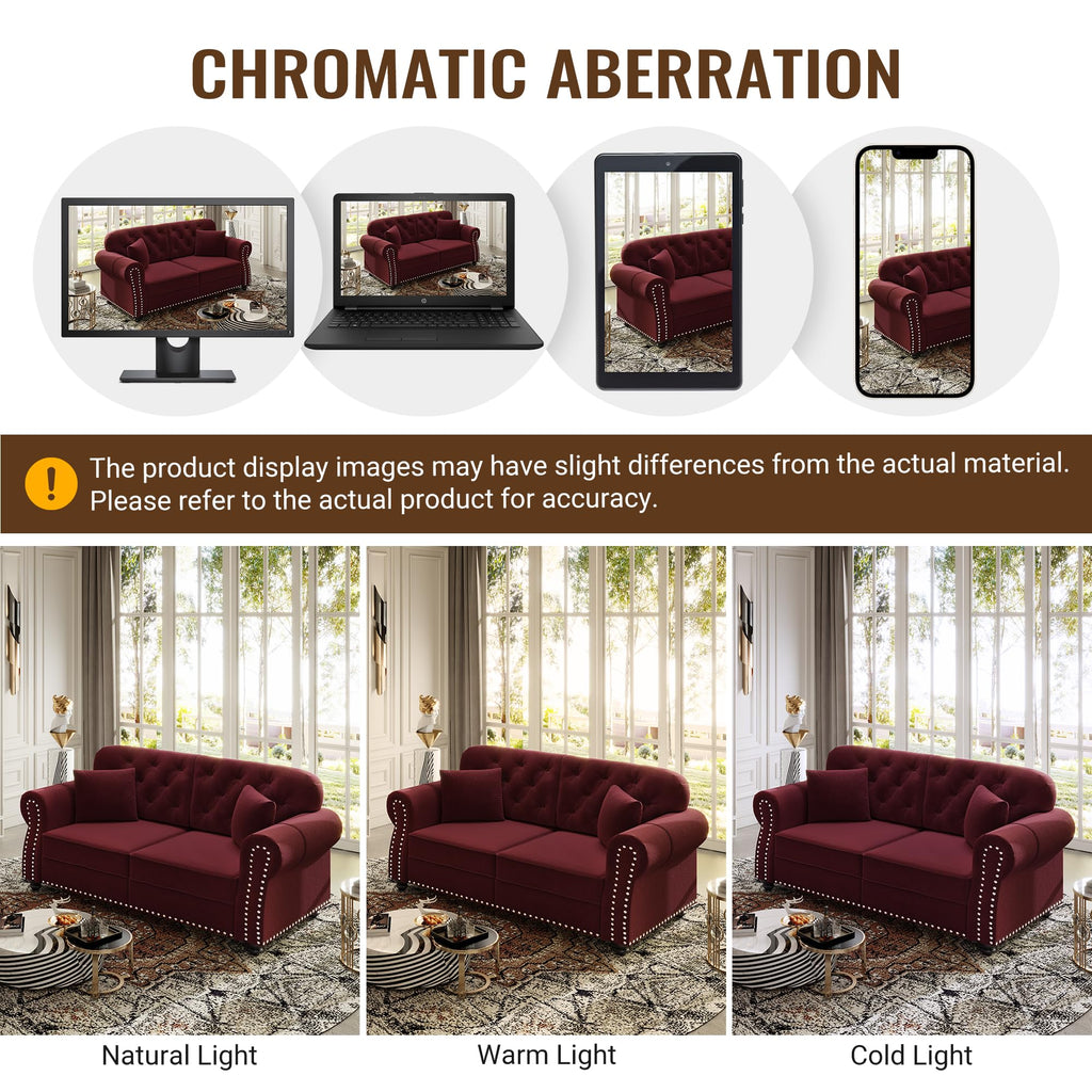 83" Velvet Chesterfield Sofa with Rolled Arms & Nailhead Trim & 1 Ottoman, Modern 3-Seater Button Tufted Couch with