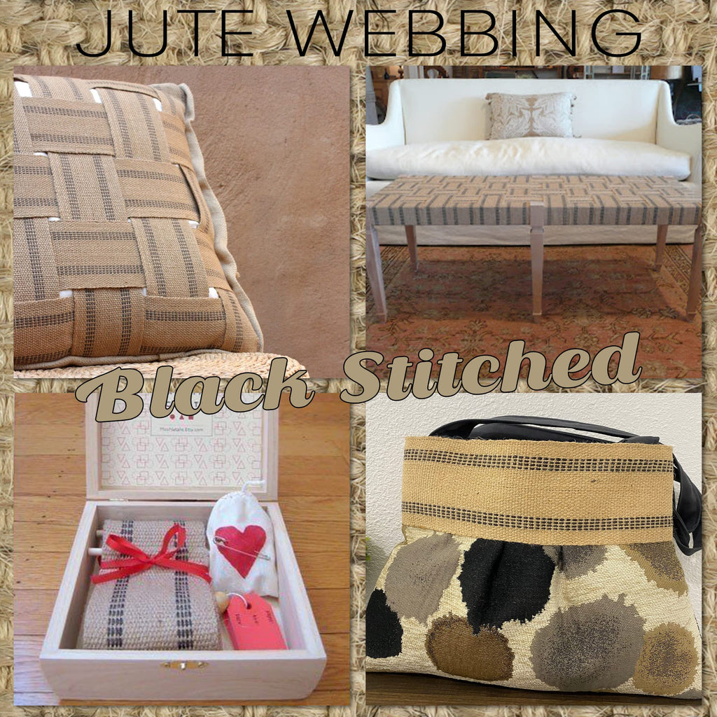 Upholstery Jute Black Webbing 2 Inch Craft Jute Webbing Burlap with Black Stitching Decor, Chair, Seat, Furniture