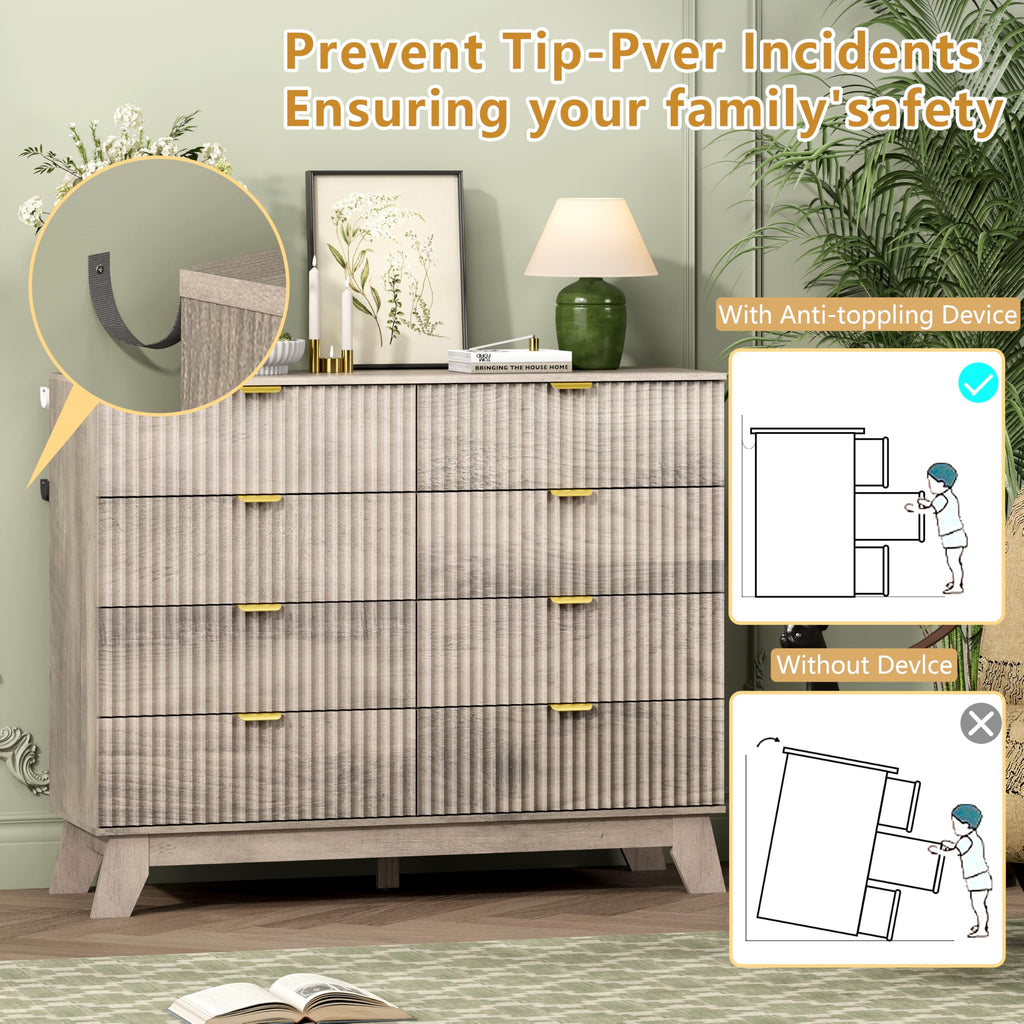 8 Drawer Fluted Dresser, Mid Century Modern Wooden Dresser with 8 Drawers, Dressers & Chests of Drawers with Metal