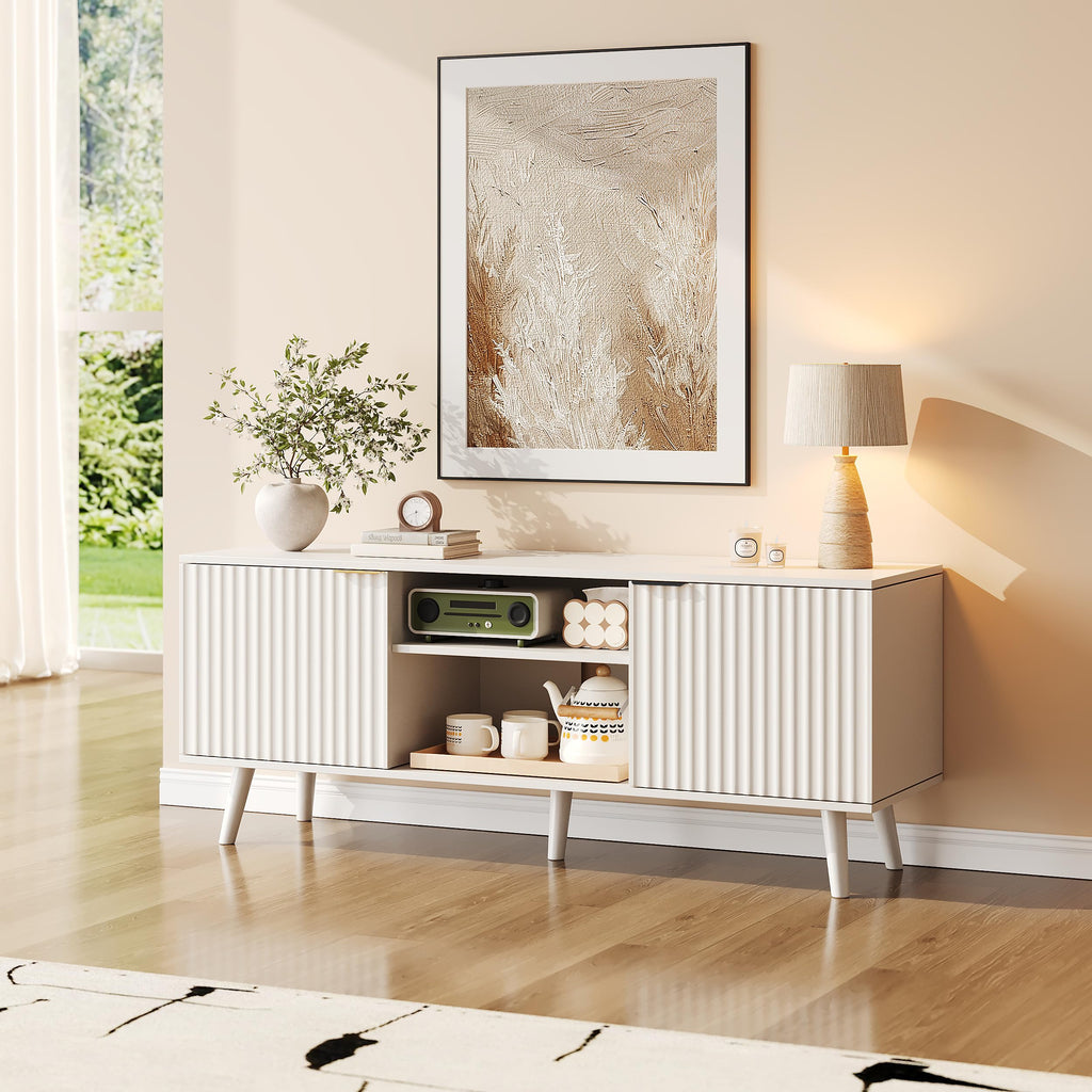 55 inch Fluted TV Stand with Storage, Mid Century Modern Entertainment Center with Adjustable Shelf, TV Table Stand