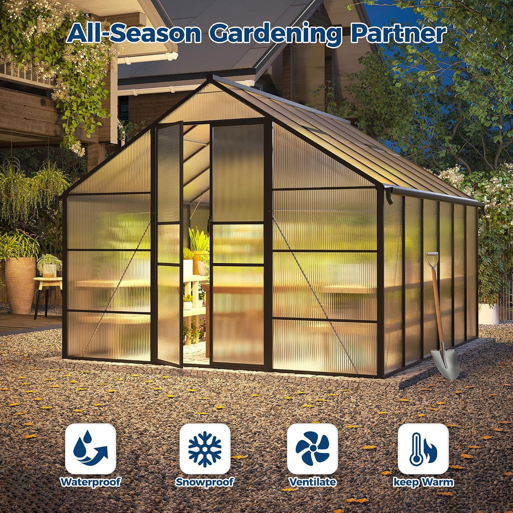 12 x 10 ft Greenhouse for Outdoors, Polycarbonate Greenhouse with Roof Vent, Enhanced Aluminum Large Walk-in Green