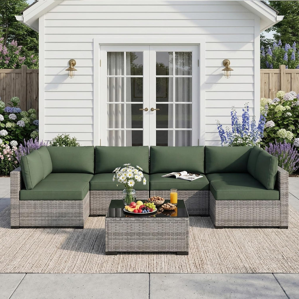 Patio Furniture Set 7 Pieces Conversation Set Wicker Outdoor Sectional Sofa,Ergonomic Armrests Couch with Cushion and