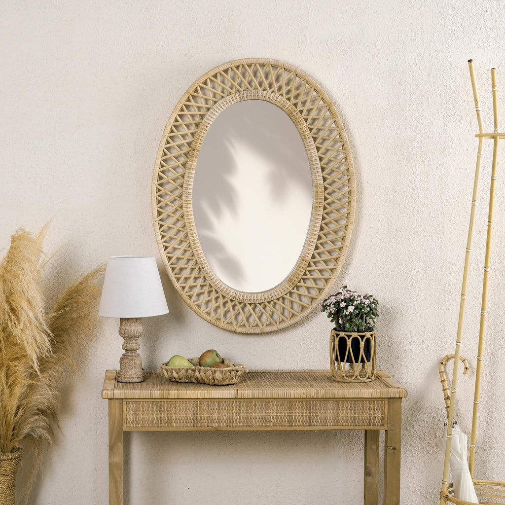 Oval Rattan Wall Mirror - 24x32 Inch Boho Elegance with Woven Frame, Decorative Mirror Vanity Entryway Living Room