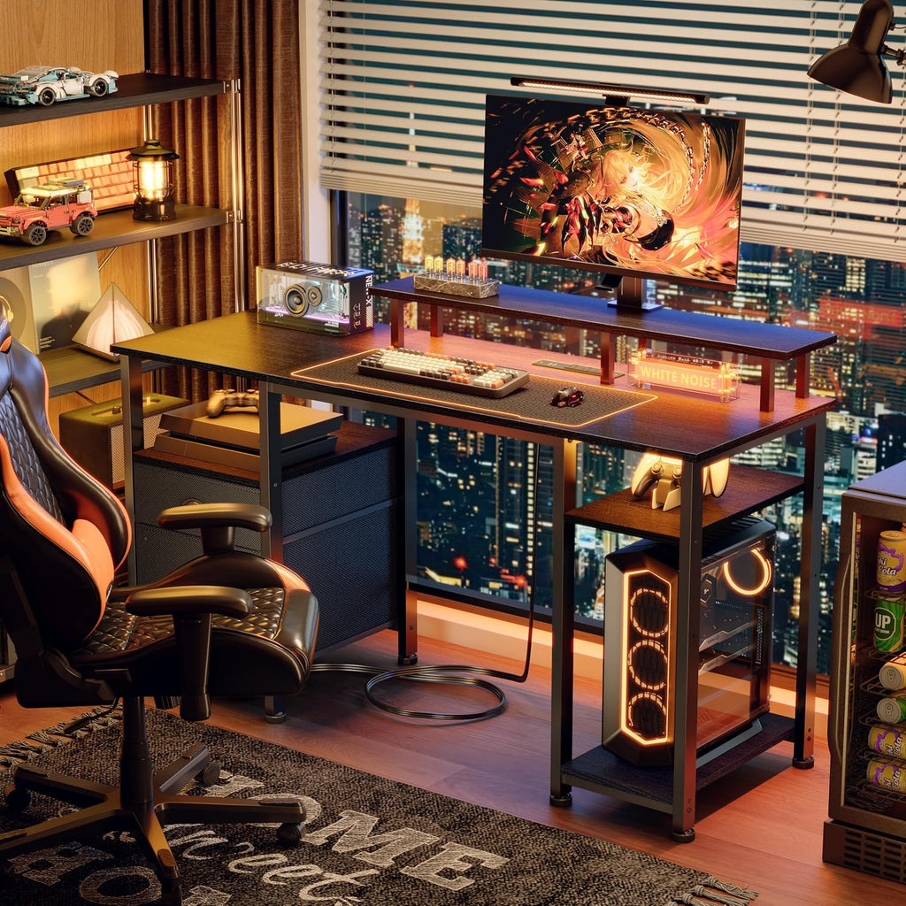 51" Gaming Desk with Power Outlets & LED Lights, Reversible Computer Desk with File Cabinet & Monitor Stand , Large