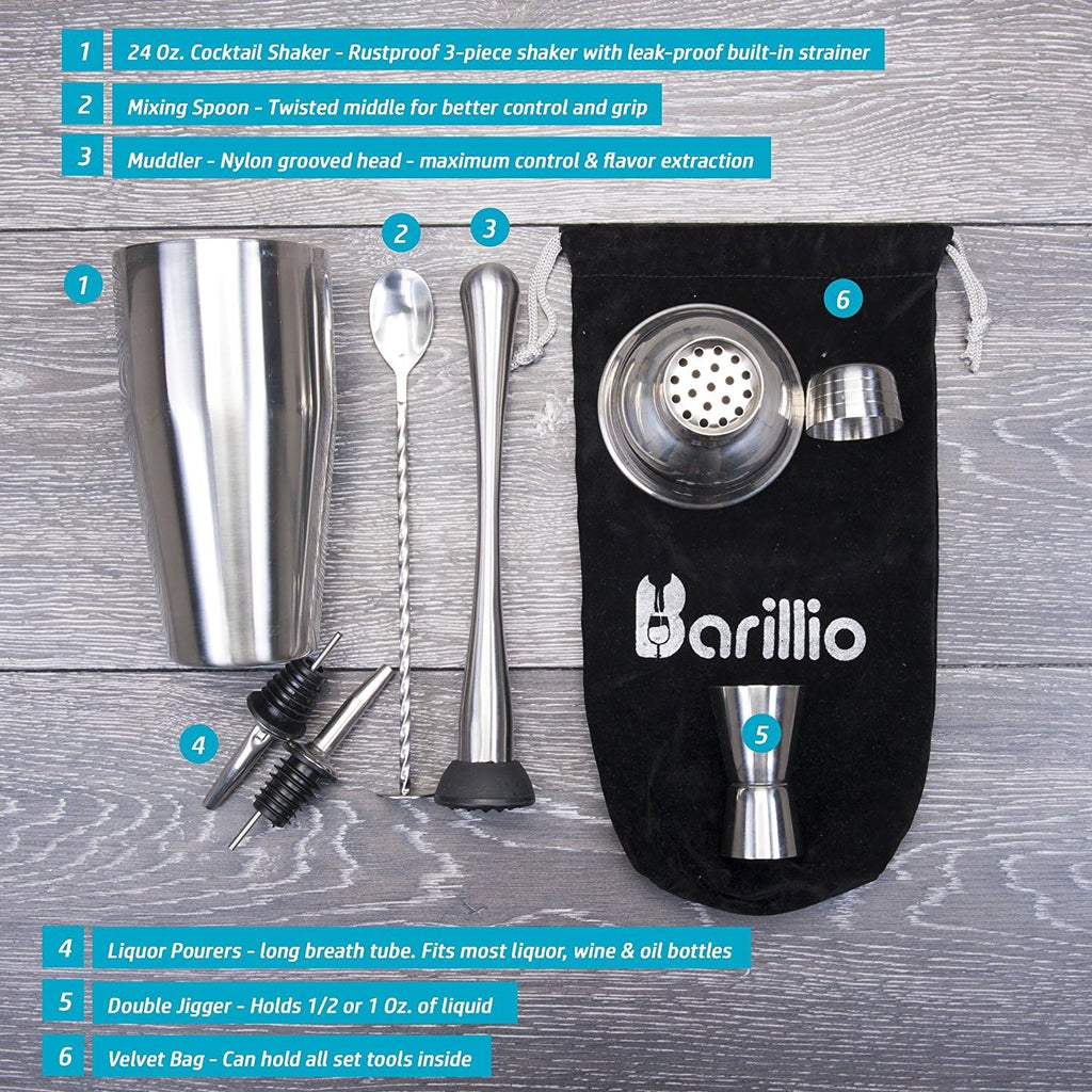 Mixology Bartender Kit - 8 pcs Stainless Steel Travel Cocktail Shaker Set with Bag - Bar Tools Set with Martini