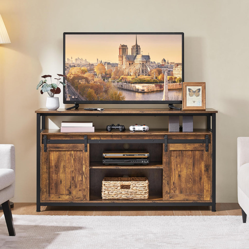 Tall Farmhouse TV Stand for 65 Inch TV, Barn Doors, Rustic Brown