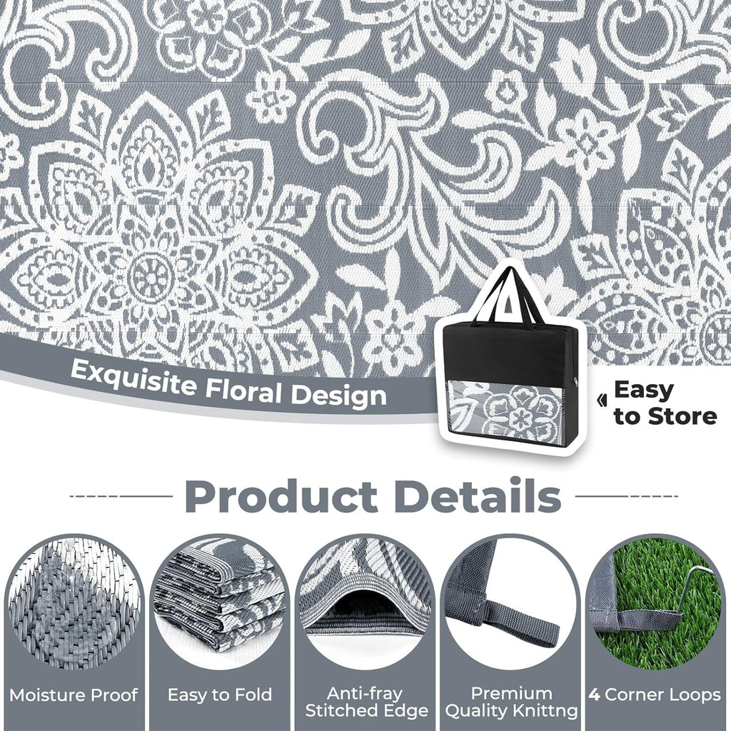 Waterproof Outdoor Rug - Reversible Mandala Outdoor Plastic Straw Rug, Durable Foldable Patio Rug for RV