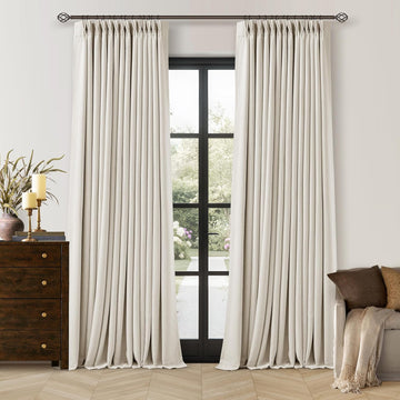 90 Inch Pinch Pleated Blackout Linen Curtains for Bedroom 2 Panels Memory Trained 100% Black Out Soundproof Room
