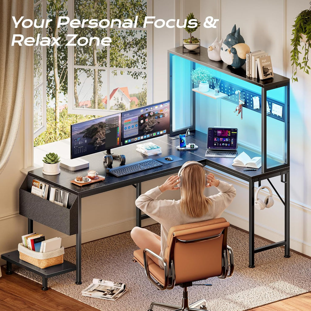 L Shaped Gaming Desk with LED Lights & Power Outlets | Reversible Computer Desk with Storage Shelves & Bag, Large