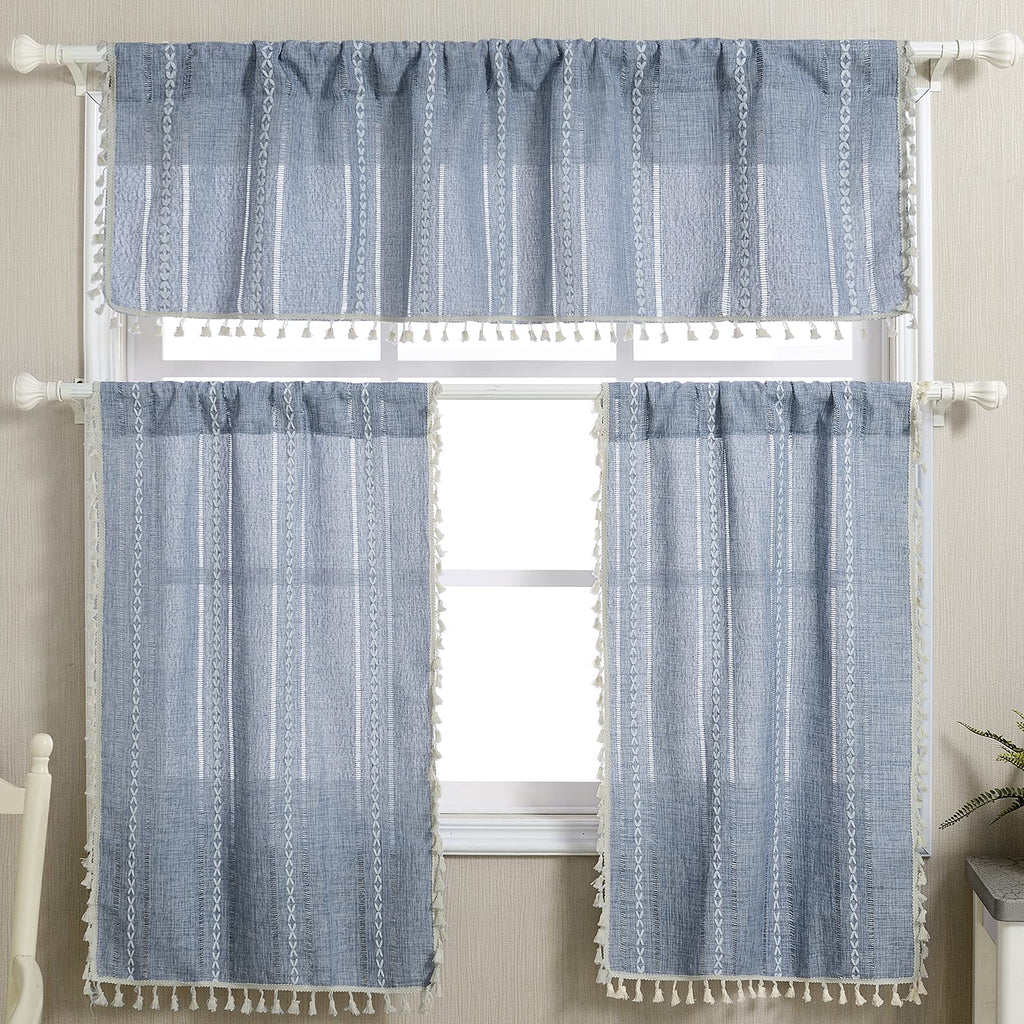 Boho Kitchen Valances for Windows Embroidered French Striped Farmhouse Vintage Chic Textured Tassel Curtain Valances