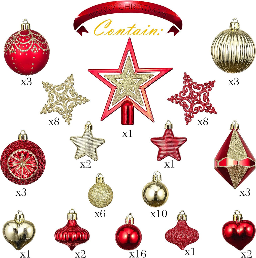 Ornaments for Christmas Trees, 70ct Red and Gold Shatterproof Christmas Tree Decorations, Luxury Hanging Ball