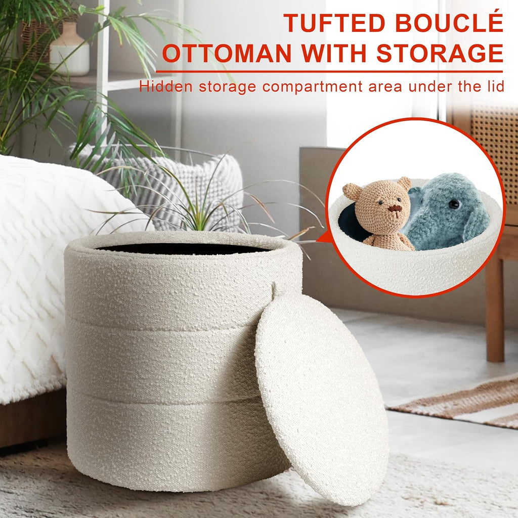 18" Storage Round Ottoman - Cream Boucle