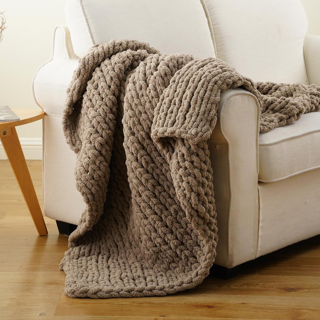 Beige Chunky Knit Throw Blanket, Soft and Thick Taupe Chenille Throw Blanket, 50"x60" Handmade Cable Knit Crochet