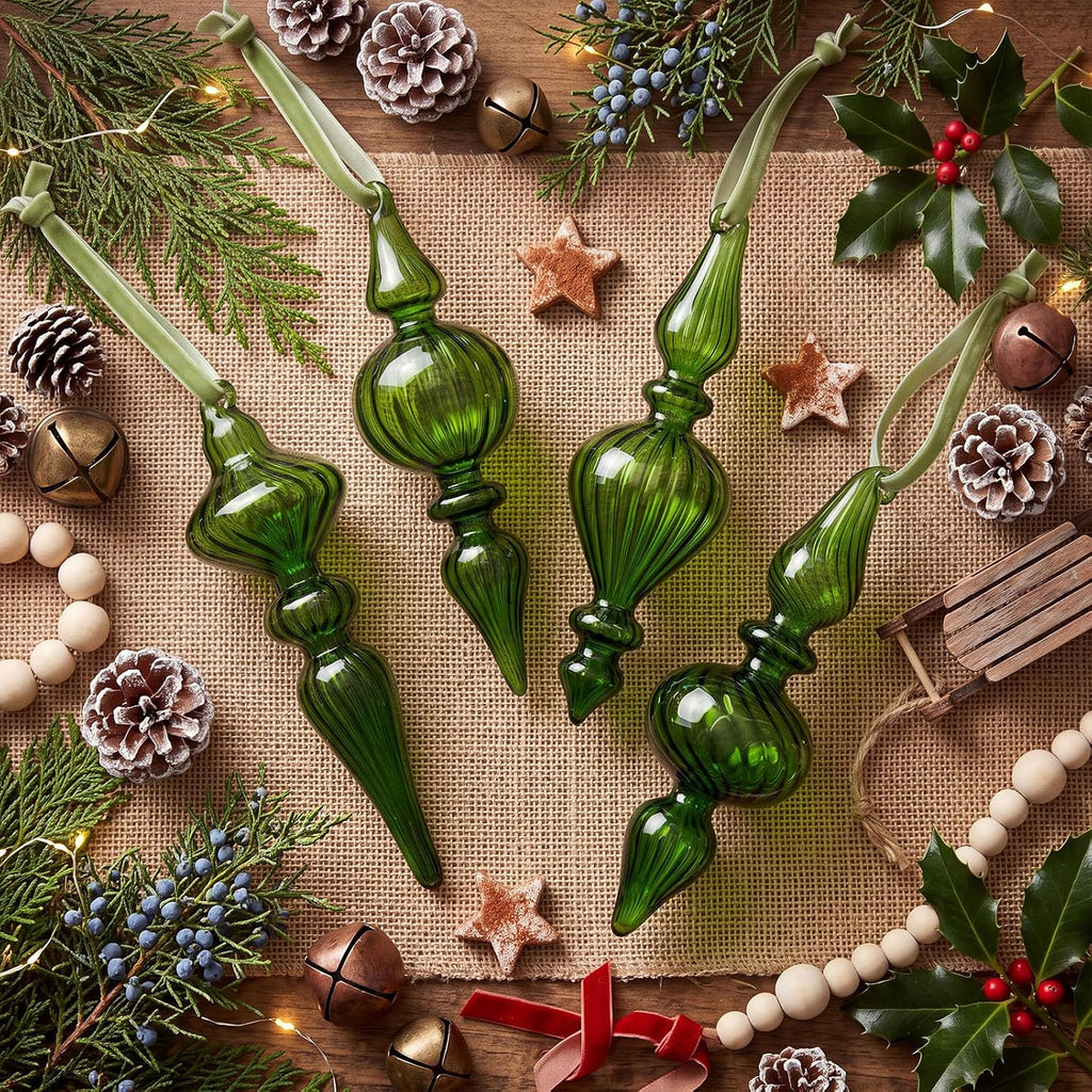Vintage Glass Finial Christmas Ornaments, Green - Set of 12