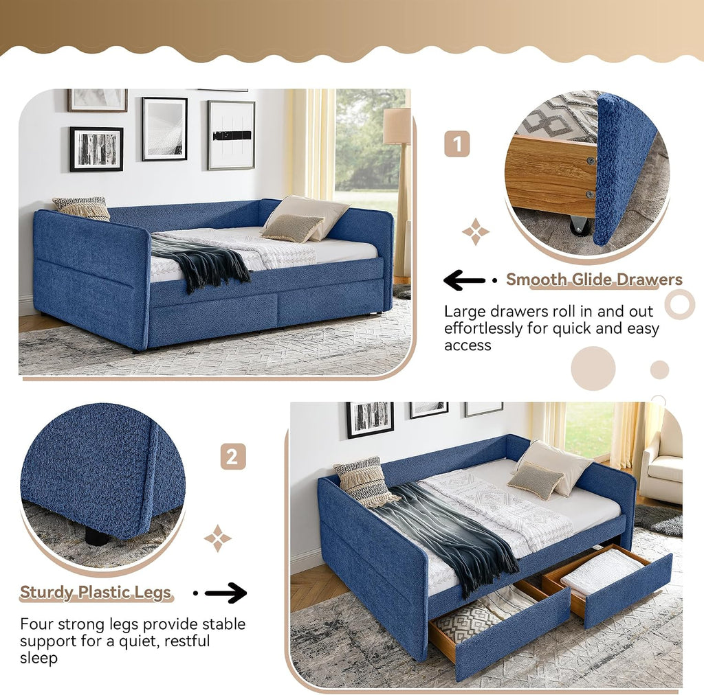 Queen Daybed Frame with 2 Storage Drawers, Boucle Upholstered Daybed, Tufted Corner Day Bed with Wood Slats Support