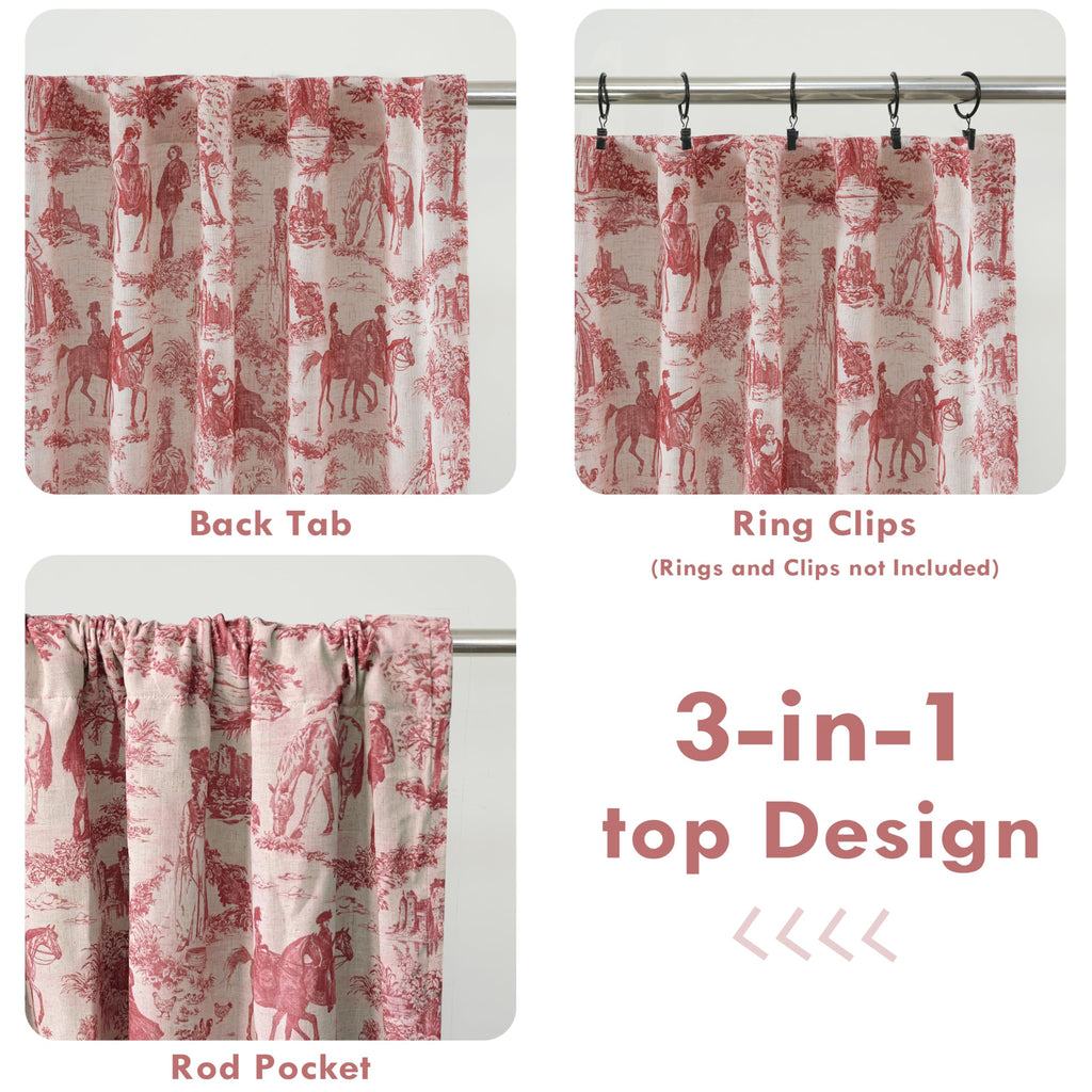 100% Blackout Curtains Toile Linen Back Tab, W52xL84, Red