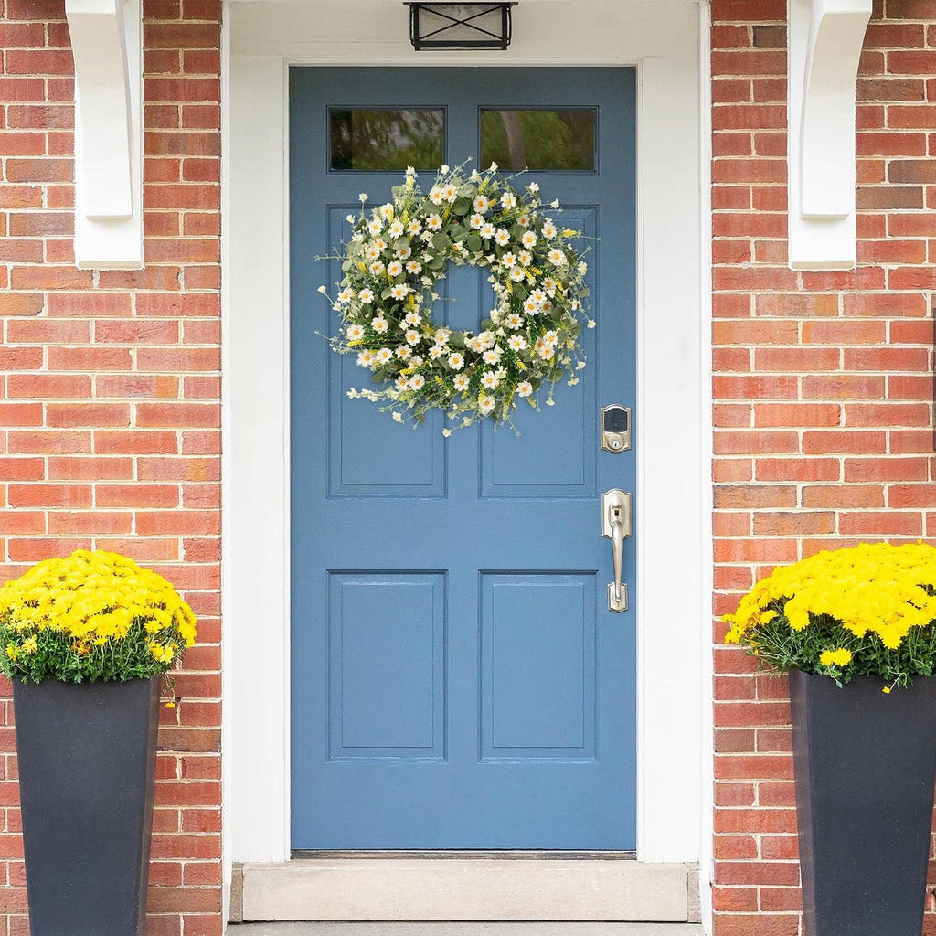 White Daisy Wreath 24 Inch with Fake Silk Floral Green Eucalyptus Leaves and Lavender for Spring Summer Front Door