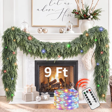 Cedar Christmas Garland with Lights for Mantle - Decorations 9ft Realistic Lighted Faux Pine Garlands for Xmas Home