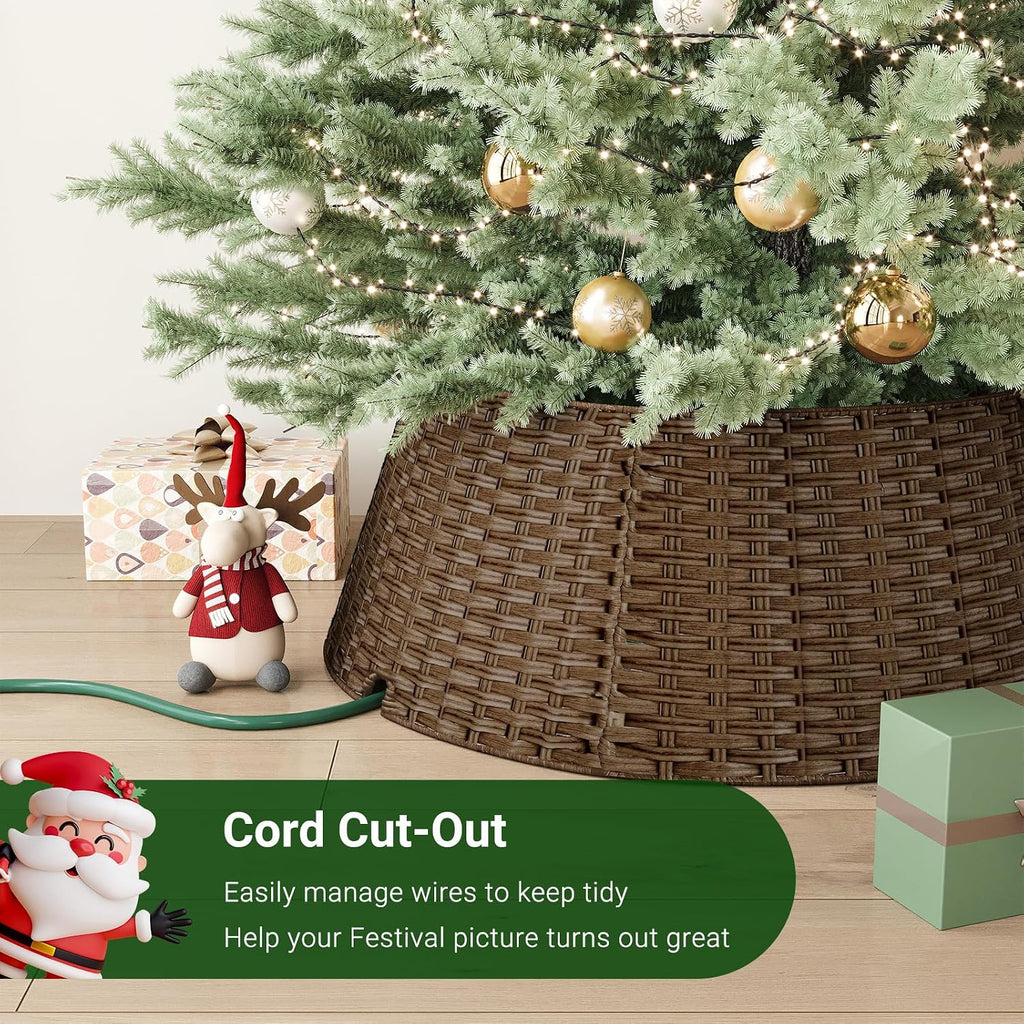 Wicker Christmas Tree Collar for 7.5 ft Trees, 28 Inch Woven Xmas Tree Skirt, Stylish Rustic Farmhouse Basket for