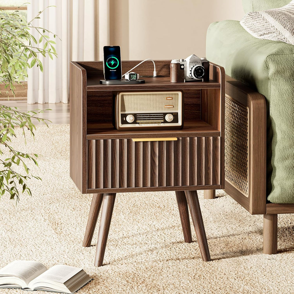Nightstand with Charging Station, USB-C Port, Fluted Night Stand with Drawer, Bed Side Table with Solid Wood Feet