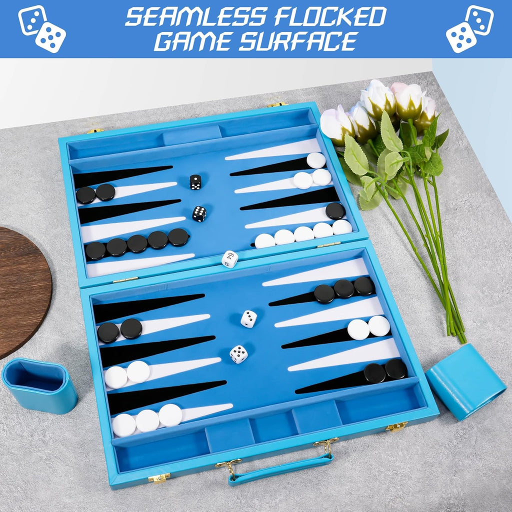 Light Blue 15 Inch Backgammon Sets for Adults, Classic Board Game - Set of 39