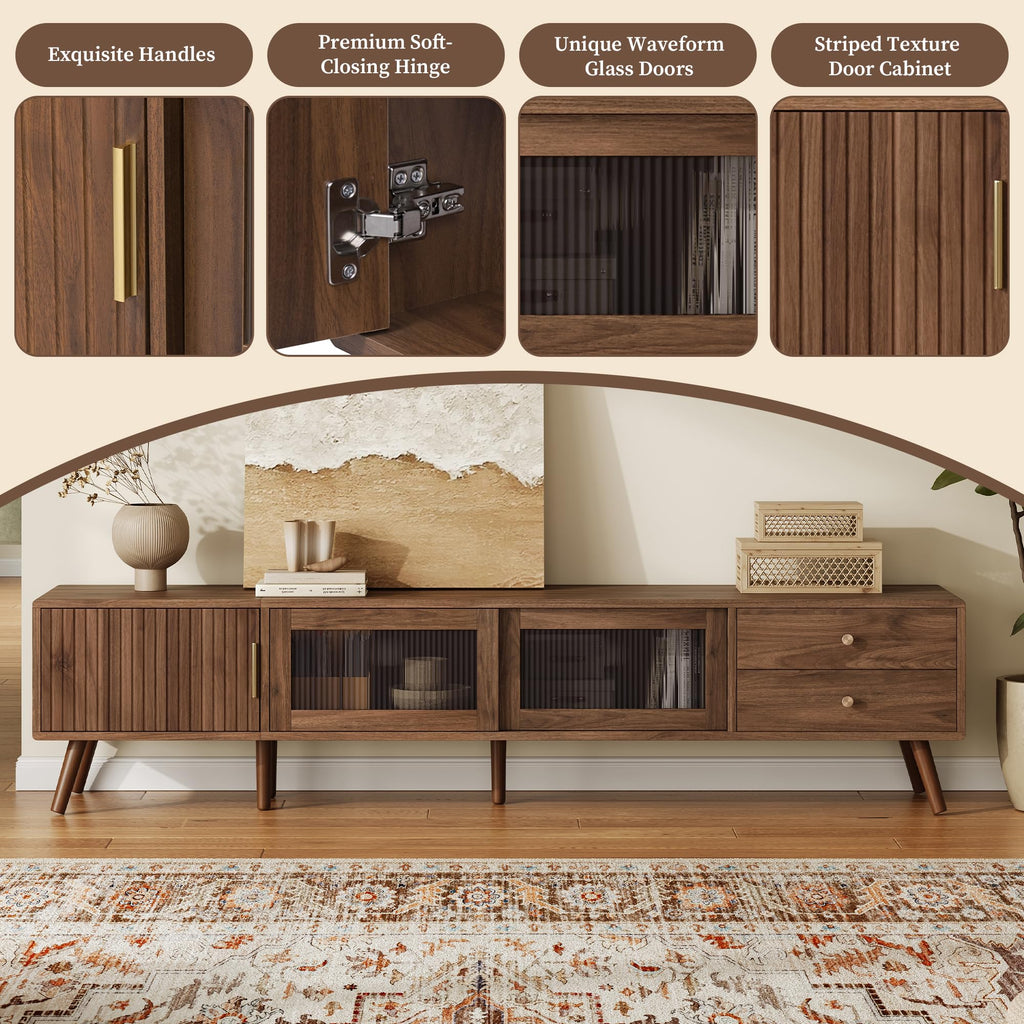 Mid-Century Modern TV Stand for 85 inches TV, 76" Media Console with Fluted Cabinet Door, Sliding Glass Doors, and 2