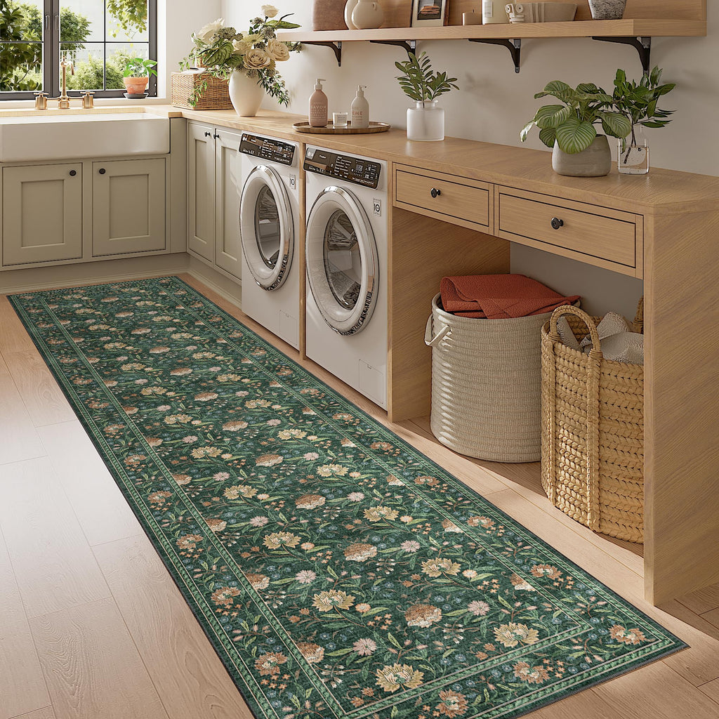 2.6x8 Runner Rug, Washable Vintage Floral Kitchen Runners Rug, Green