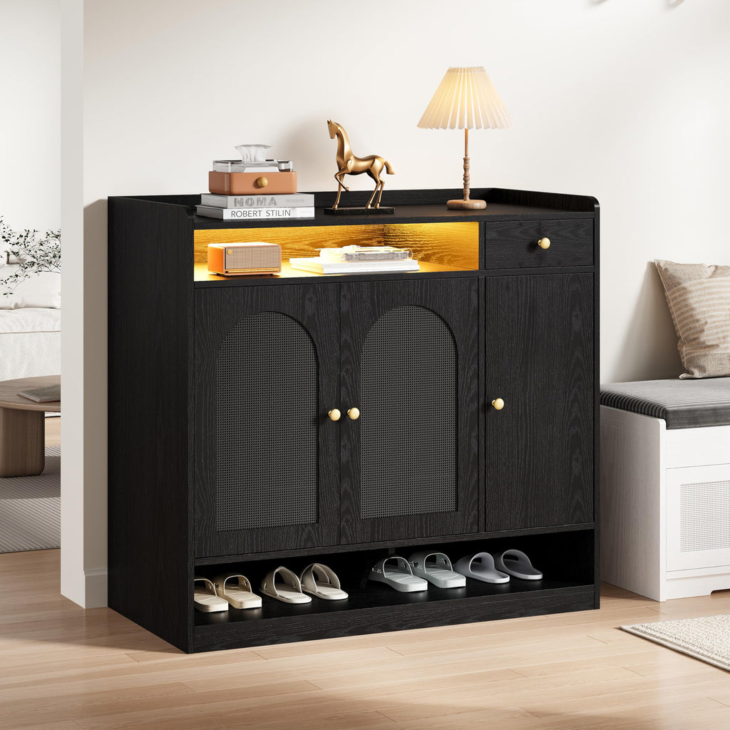 Rattan Shoe Cabinet with 6-Tier Storage, 3 Doors & LED Light