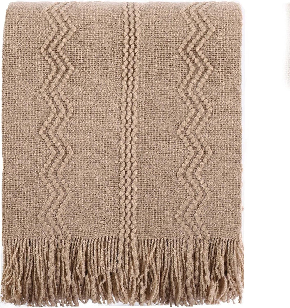 Boho Farmhouse Throw Blanket, 50x60 Tan Taupe Living Room Decor